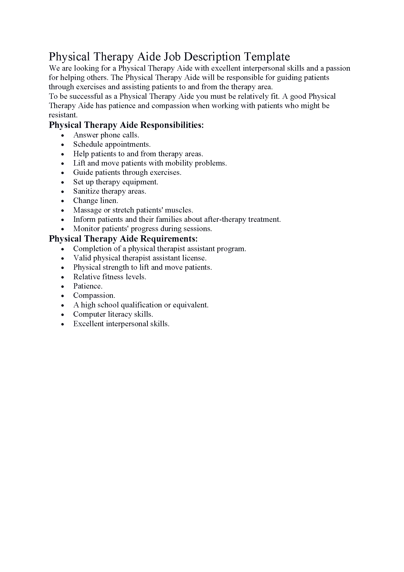 Physical Therapy Aide Job Description Template